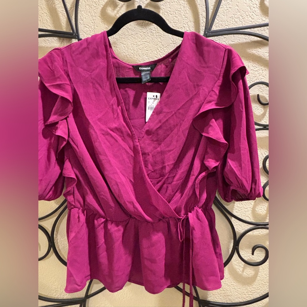Express Fuchsia Ruffle Sleeve Wrap Dress